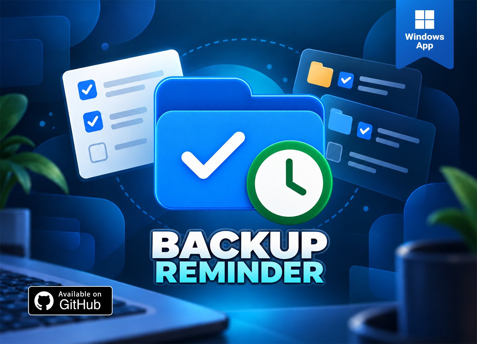 Backup Reminder blue folder, checkmark, and clock artwork with a Windows App ribbon