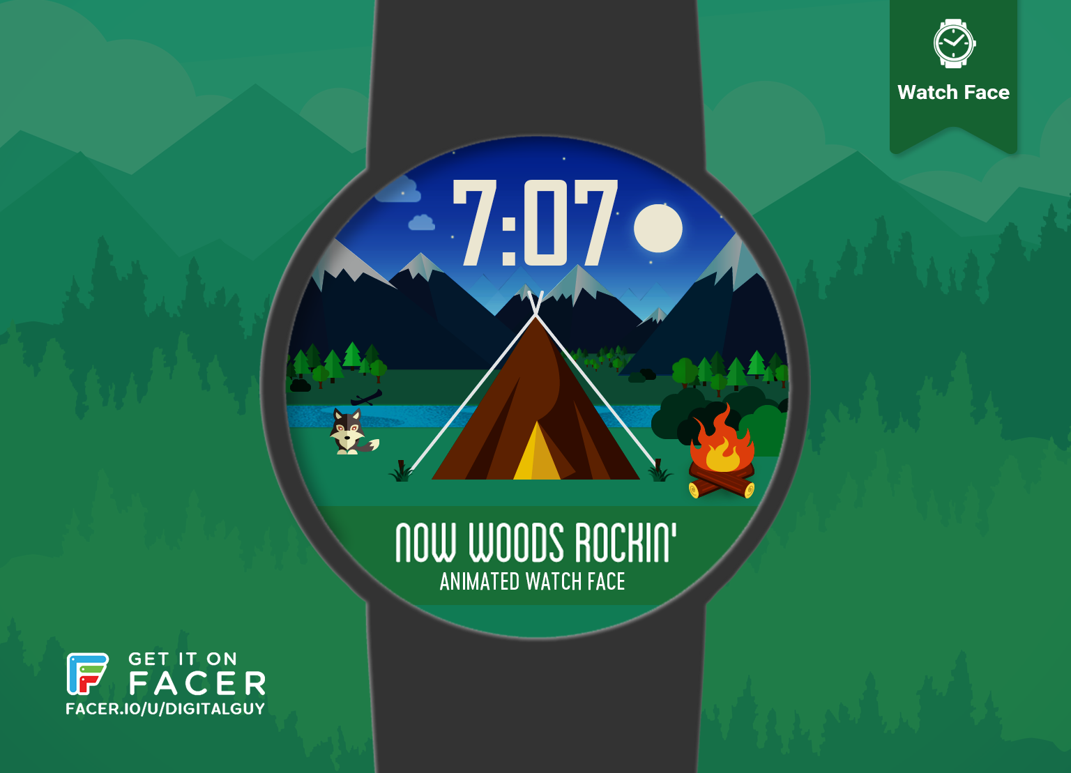 Now Woods Rockin smartwatch face preview