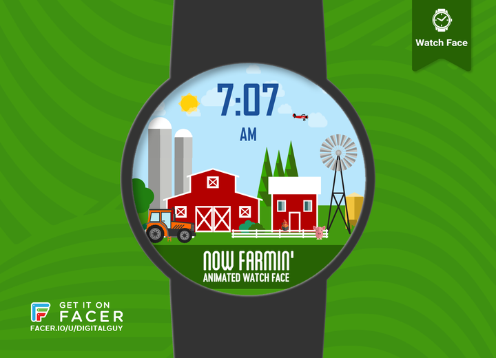 Now Farmin smartwatch face animated farm scene preview
